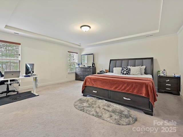 carpeted bedroom with a raised ceiling, baseboards, and visible vents