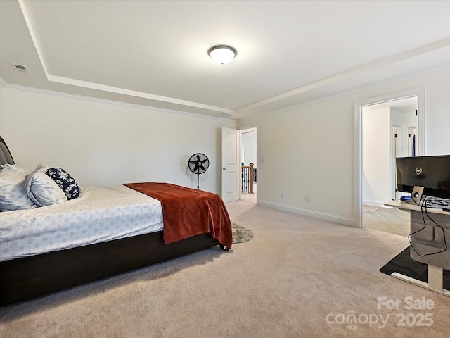 bedroom with crown molding, light colored carpet, baseboards, and visible vents