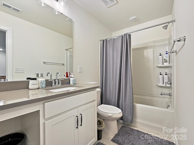 full bathroom with vanity, shower / bathtub combination with curtain, visible vents, and toilet
