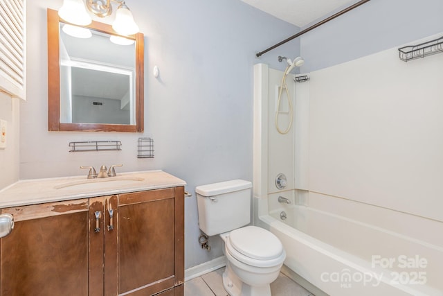 full bathroom featuring vanity, baseboards, tile patterned flooring,  shower combination, and toilet