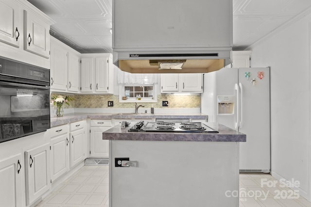 335 Ridgewood Dr, Mount Ulla, NC 28125 - kitchen featuring oven, electric stovetop, an ornate ceiling, backsplash, and white refrigerator with ice dispenser
