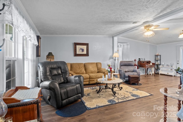 335 Ridgewood Dr, Mount Ulla, NC 28125 - living room featuring a textured ceiling, wood finished floors, ceiling fan, and ornamental molding