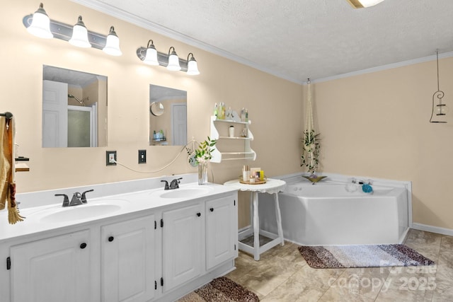 335 Ridgewood Dr, Mount Ulla, NC 28125 - full bathroom featuring a sink, ornamental molding, a garden tub, and a textured ceiling