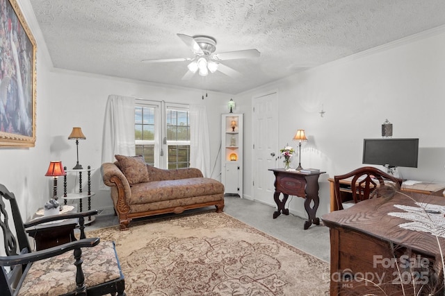 335 Ridgewood Dr, Mount Ulla, NC 28125 - office space with concrete flooring, a ceiling fan, crown molding, and a textured ceiling