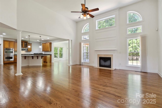 7302 Yellowhorn Trl, Waxhaw, NC 28173 - unfurnished living room featuring decorative columns, plenty of natural light, a towering ceiling, dark wood-style flooring, and recessed lighting