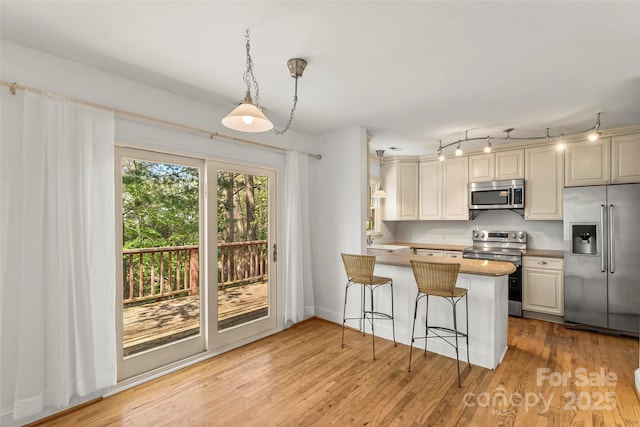 9 Canterbury Rd, Asheville, NC 28805 - kitchen featuring light wood-type flooring, a kitchen bar, a peninsula, and stainless steel appliances