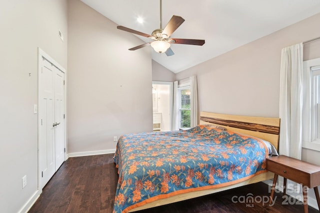 bedroom with wood finished floors, baseboards, a ceiling fan, and vaulted ceiling