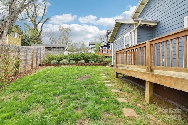view of yard featuring a fenced backyard and a wooden deck