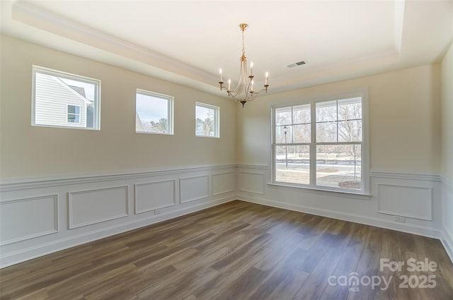 TBD Boomer Ct Unit 3, Statesville, NC 28677 - spare room featuring a tray ceiling, an inviting chandelier, visible vents, and dark wood finished floors