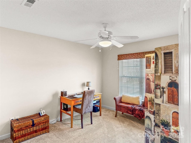 115 Keswick Ln, Mooresville, NC 28117 - carpeted home office featuring a textured ceiling, visible vents, a ceiling fan, and baseboards