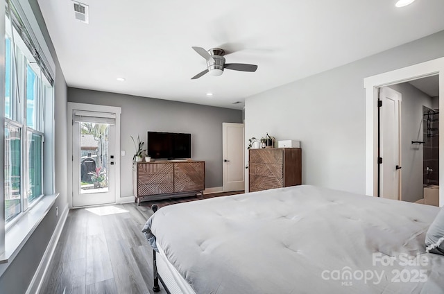 3612 Cobbleridge Dr, Charlotte, NC 28215 - bedroom with access to outside, wood finished floors, recessed lighting, baseboards, and a ceiling fan