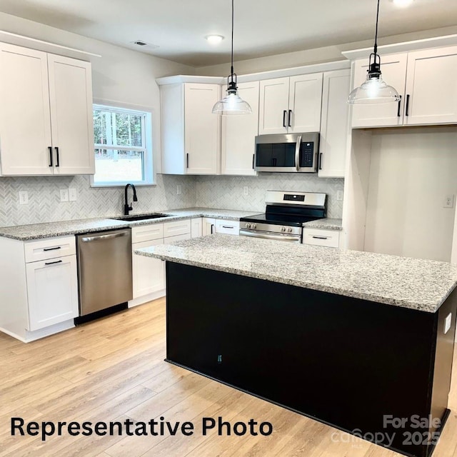 210 Carolina Drive 1000(&999), Troy, NC 27371 - kitchen with stainless steel appliances, light wood-style flooring, white cabinetry, and a sink