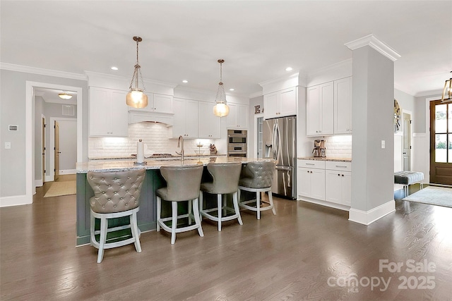 3915 Chevlot Hills Rd, Sherrills Ford, NC 28673 - kitchen featuring stainless steel fridge with ice dispenser, tasteful backsplash, dark wood-style floors, white cabinets, and a breakfast bar area