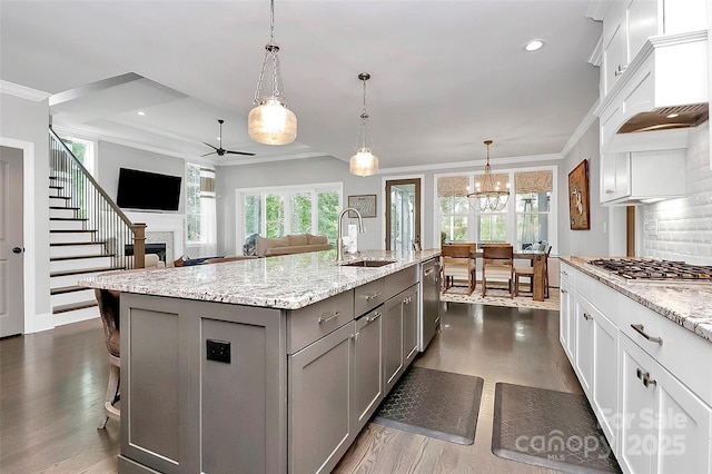 3915 Chevlot Hills Rd, Sherrills Ford, NC 28673 - kitchen with a sink, gray cabinets, stainless steel appliances, ceiling fan, and dark wood-type flooring