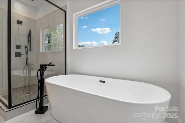 full bathroom featuring a shower stall and a freestanding tub