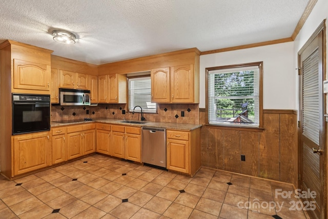 119 Legacy Ln, Harmony, NC 28634 - kitchen featuring black appliances, plenty of natural light, wainscoting, a textured ceiling, and tasteful backsplash