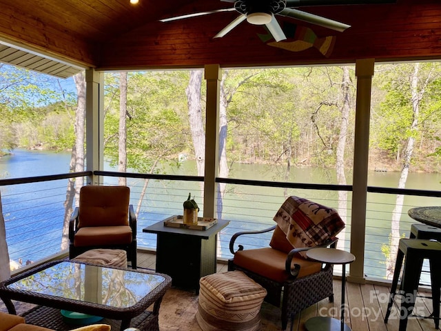 102 W Lake Dr N Unit 106, Lake Lure, NC 28746 - sunroom featuring vaulted ceiling, a ceiling fan, a water view, hardwood / wood-style flooring, and wooden ceiling
