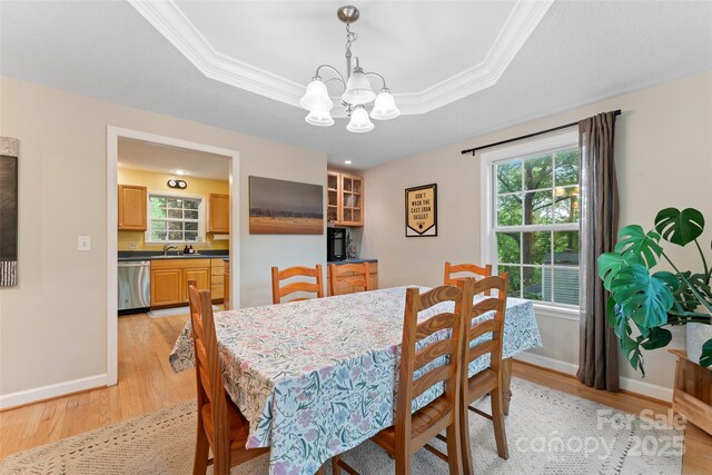 dining space with light wood-style floors, a wealth of natural light, and a chandelier