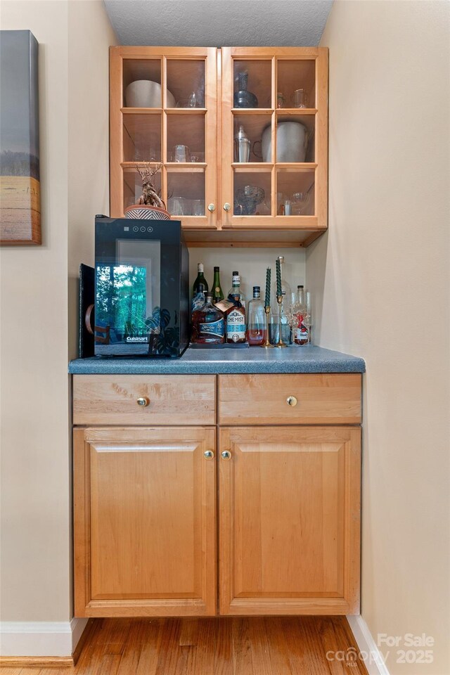 bar featuring baseboards, a bar, and light wood-style floors