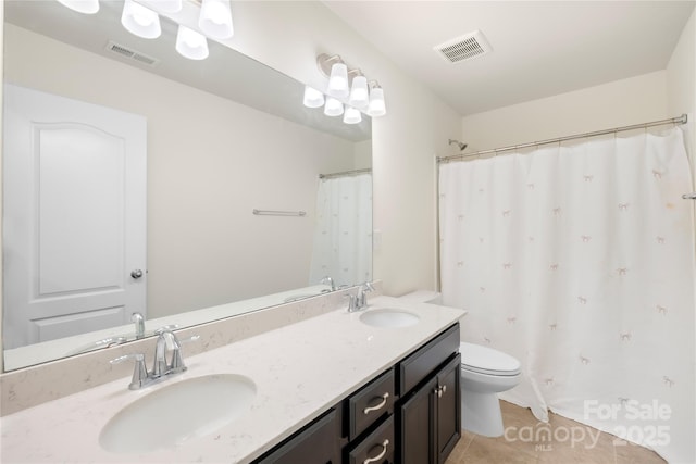 17413 Caddy Ct, Charlotte, NC 28278 - bathroom with tile patterned flooring, double vanity, and curtained shower