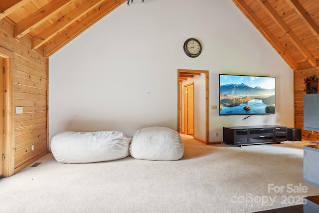 10583 Earnhardt Lake Rd, Davidson, NC 28036 - carpeted living area with wooden ceiling with exposed beams and high vaulted ceiling