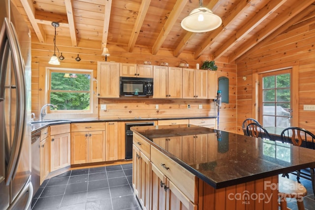 10583 Earnhardt Lake Rd, Davidson, NC 28036 - kitchen featuring black appliances, a sink, light brown cabinets, wooden ceiling, and wooden walls