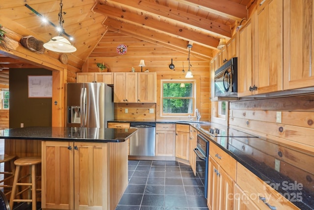 10583 Earnhardt Lake Rd, Davidson, NC 28036 - kitchen featuring black appliances, a sink, light brown cabinetry, a kitchen island, and a kitchen breakfast bar