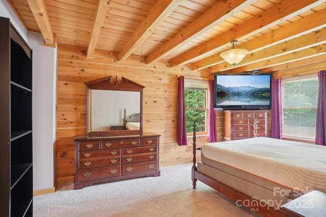10583 Earnhardt Lake Rd, Davidson, NC 28036 - bedroom with wooden walls, carpet flooring, and wooden ceiling with exposed beams