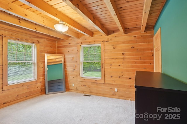 10583 Earnhardt Lake Rd, Davidson, NC 28036 - unfurnished bedroom featuring multiple windows, carpet flooring, wood ceiling with exposed beams, and wood walls