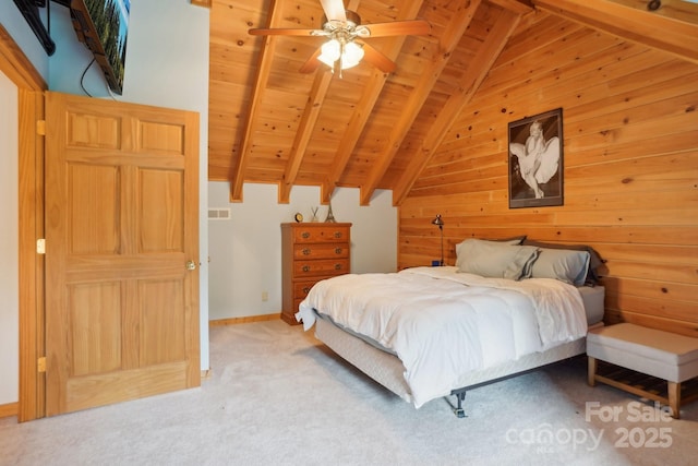 10583 Earnhardt Lake Rd, Davidson, NC 28036 - bedroom with wooden ceiling, light carpet, wood walls, and baseboards