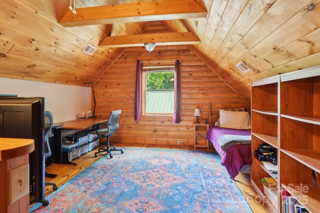 10583 Earnhardt Lake Rd, Davidson, NC 28036 - bedroom featuring wooden ceiling, wood finished floors, an office area, and log walls