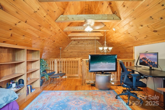 10583 Earnhardt Lake Rd, Davidson, NC 28036 - office area with wooden ceiling, wood walls, and wood-type flooring