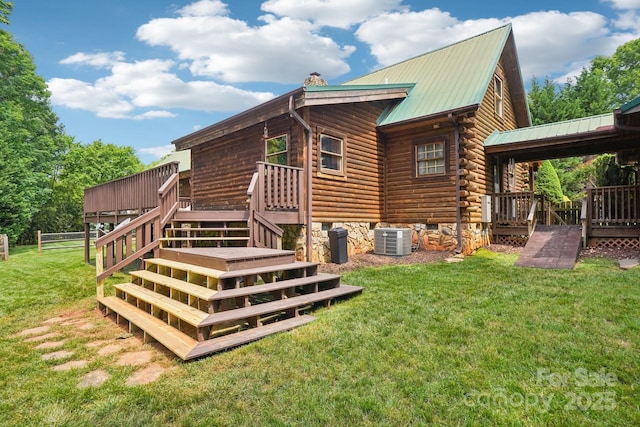 10583 Earnhardt Lake Rd, Davidson, NC 28036 - rear view of property featuring central AC unit, stairs, a deck, a chimney, and metal roof