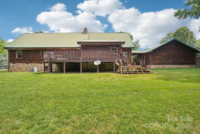 10583 Earnhardt Lake Rd, Davidson, NC 28036 - rear view of house with a wooden deck, central AC, a chimney, and stairway