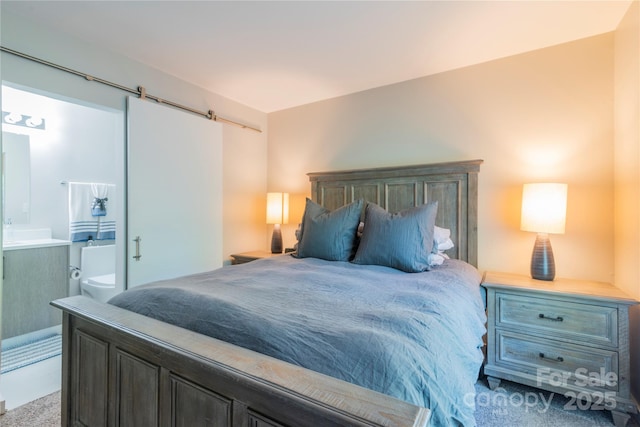 bedroom featuring a barn door and ensuite bathroom