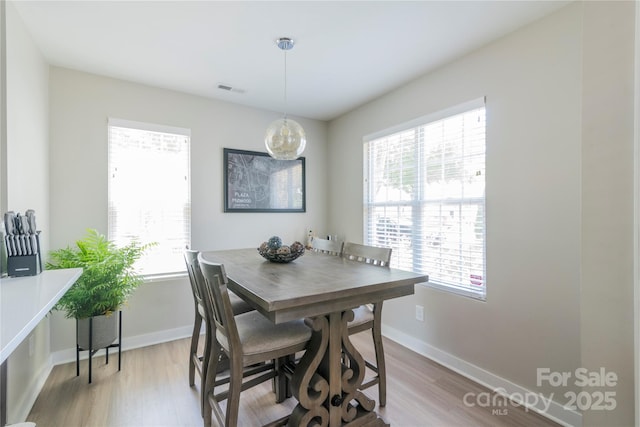 dining space featuring a healthy amount of sunlight, wood finished floors, and visible vents