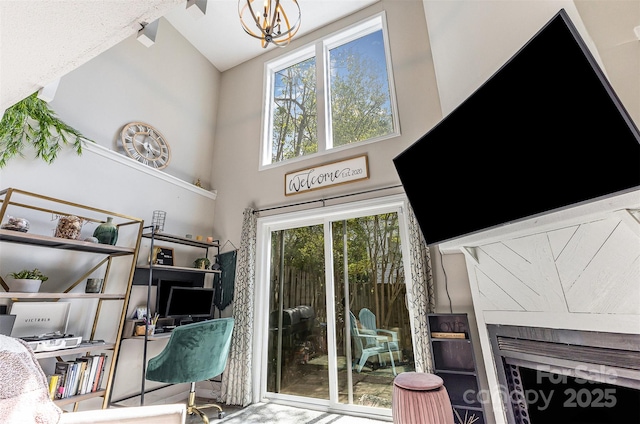 7324 Pebblestone Dr Unit E, Charlotte, NC 28212 - interior space with an inviting chandelier, a towering ceiling, and a healthy amount of sunlight
