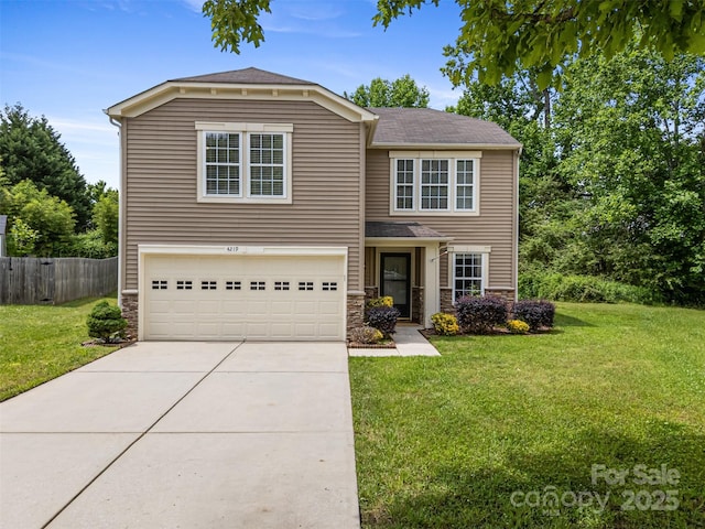 4219 Shasta Cir, Clover, SC 29710 - traditional-style home with stone siding, concrete driveway, an attached garage, and roof with shingles