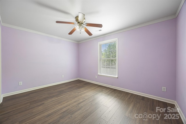 4219 Shasta Cir, Clover, SC 29710 - empty room with baseboards, a ceiling fan, dark wood finished floors, and crown molding