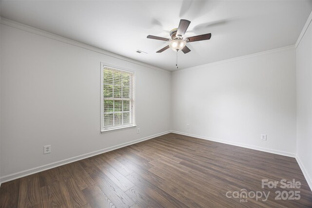 4219 Shasta Cir, Clover, SC 29710 - unfurnished room featuring a ceiling fan, dark wood-style flooring, crown molding, and baseboards