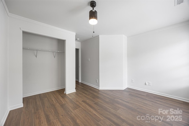 4219 Shasta Cir, Clover, SC 29710 - unfurnished bedroom with dark wood-style floors, a closet, baseboards, crown molding, and ceiling fan