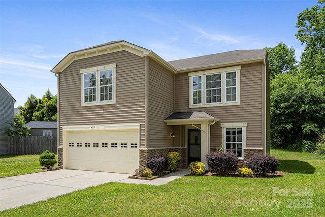 4219 Shasta Cir, Clover, SC 29710 - traditional home featuring driveway, stone siding, and an attached garage