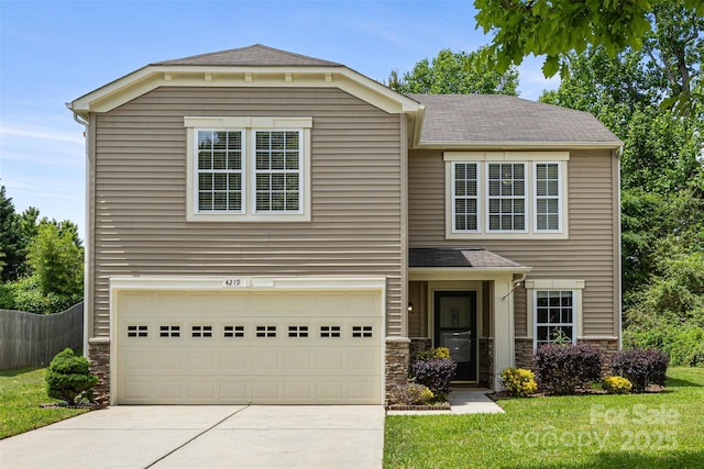 4219 Shasta Cir, Clover, SC 29710 - view of front facade featuring stone siding, driveway, roof with shingles, and a garage