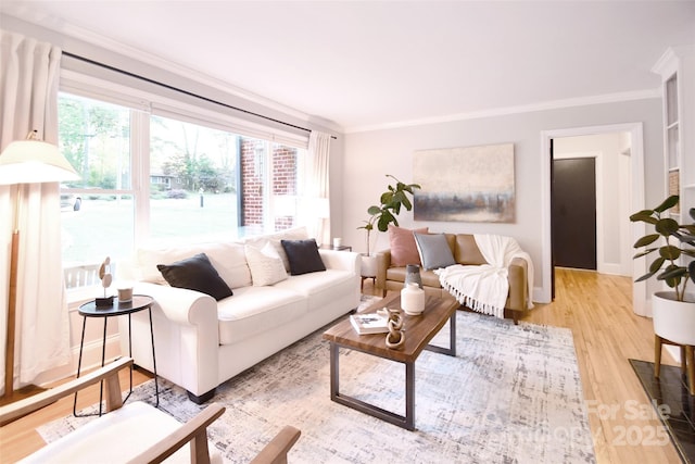 living area with light wood-type flooring and ornamental molding