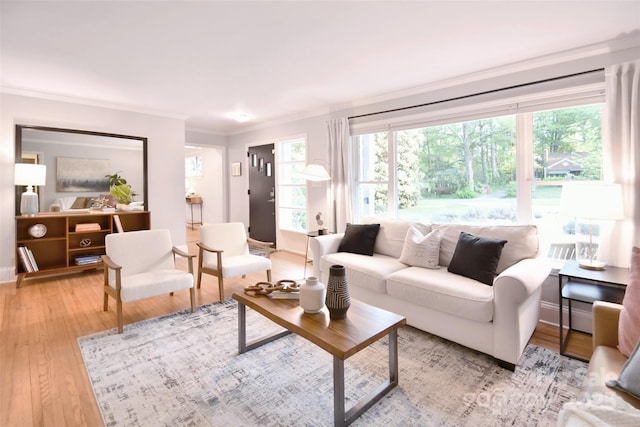living room featuring a wealth of natural light, light wood-style floors, and ornamental molding