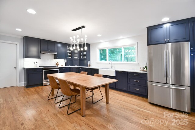kitchen with glass insert cabinets, appliances with stainless steel finishes, under cabinet range hood, light countertops, and a sink