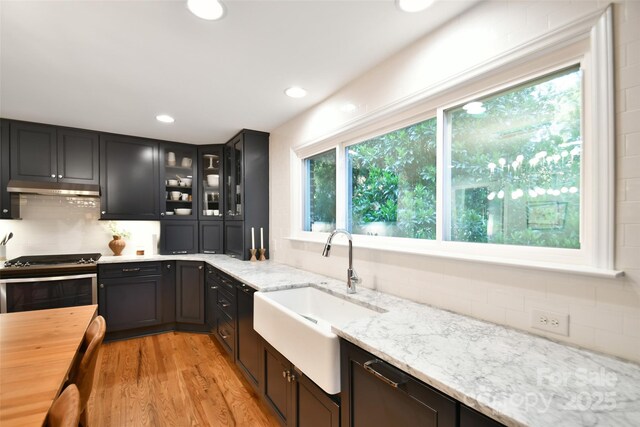 kitchen with light wood-type flooring, under cabinet range hood, light stone counters, a sink, and range with gas cooktop