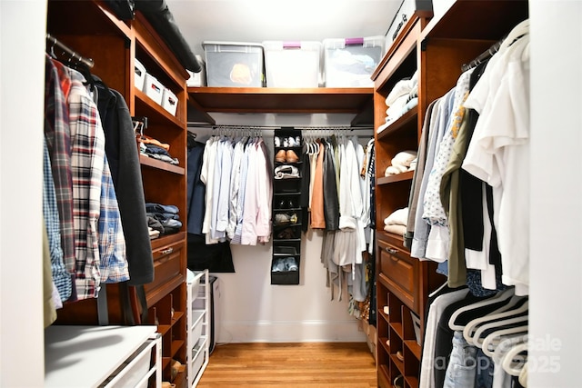 walk in closet with light wood-type flooring