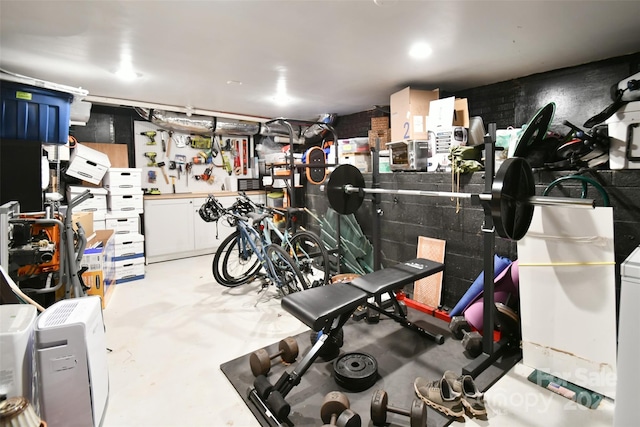 garage with a workshop area