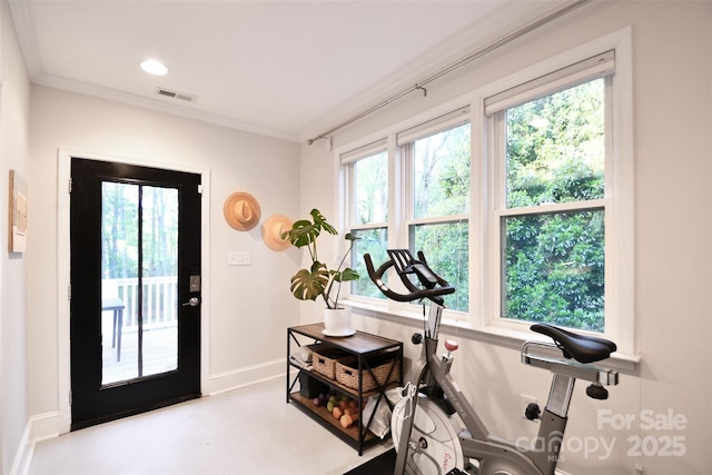 workout area with crown molding, baseboards, visible vents, and plenty of natural light